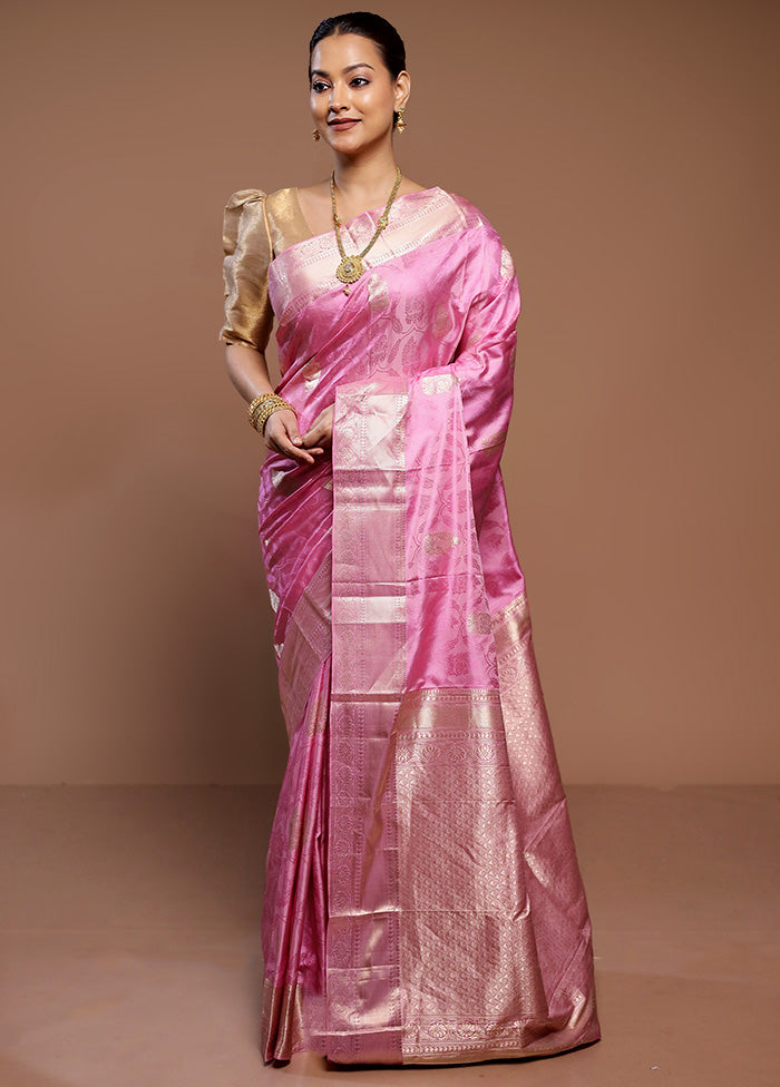 Pink Handloom Kanchipuram Pure Silk Saree With Blouse Piece