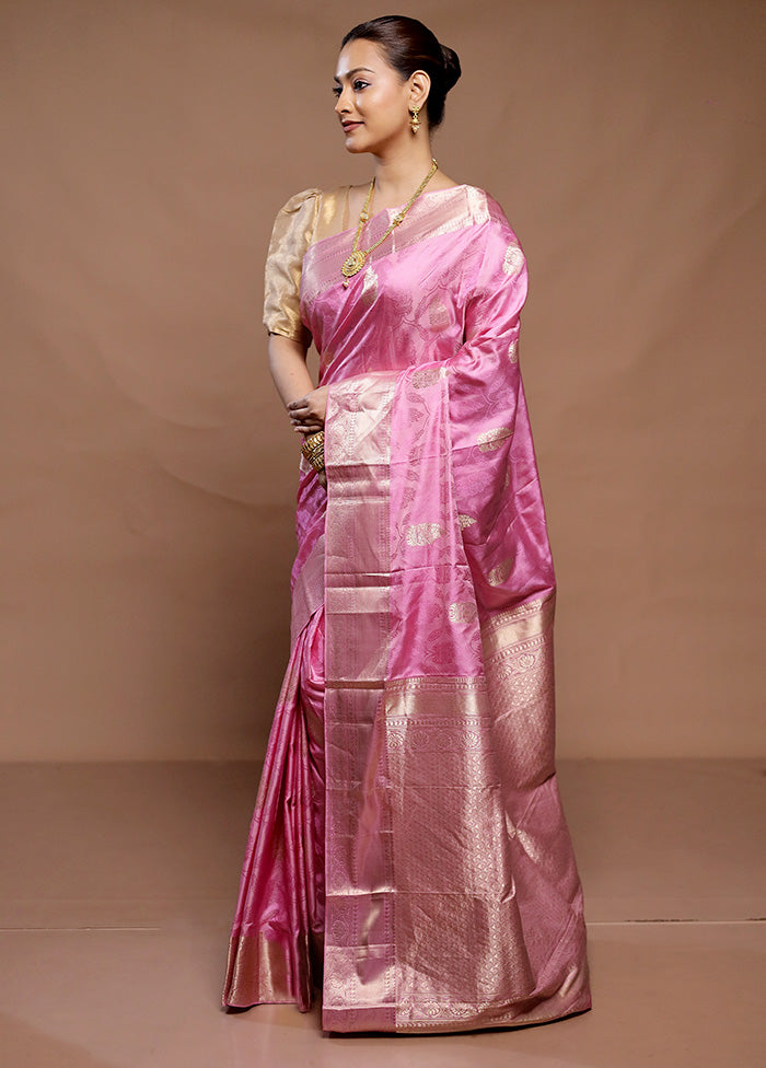 Pink Handloom Kanchipuram Pure Silk Saree With Blouse Piece