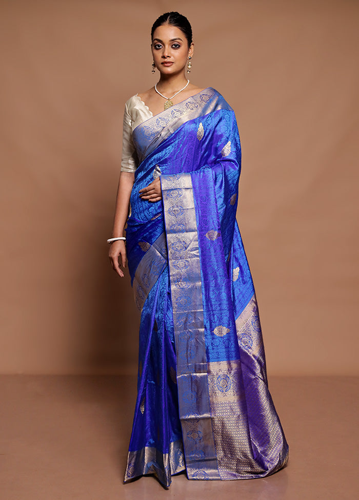 Blue Handloom Kanchipuram Pure Silk Saree With Blouse Piece