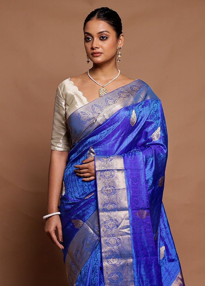 Blue Handloom Kanchipuram Pure Silk Saree With Blouse Piece