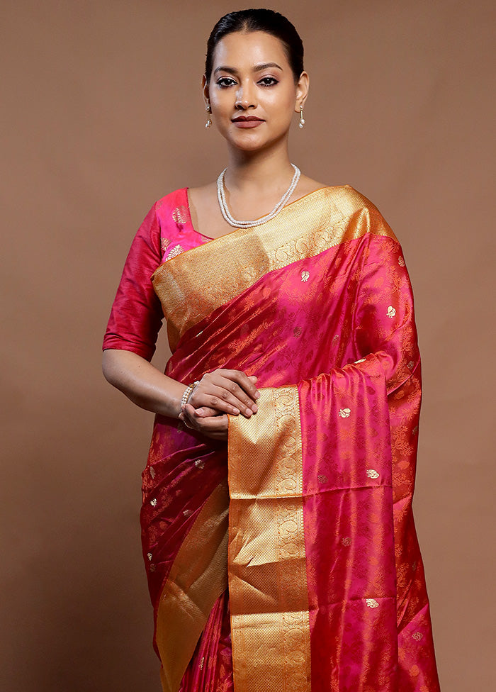 Pink Handloom Kanchipuram Pure Silk Saree With Blouse Piece