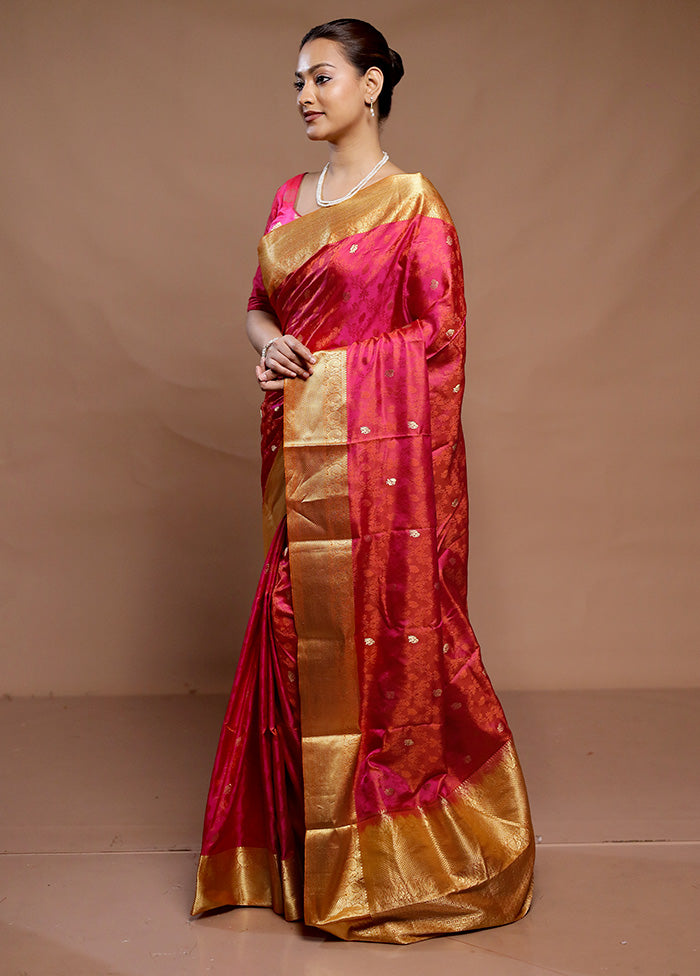 Pink Handloom Kanchipuram Pure Silk Saree With Blouse Piece