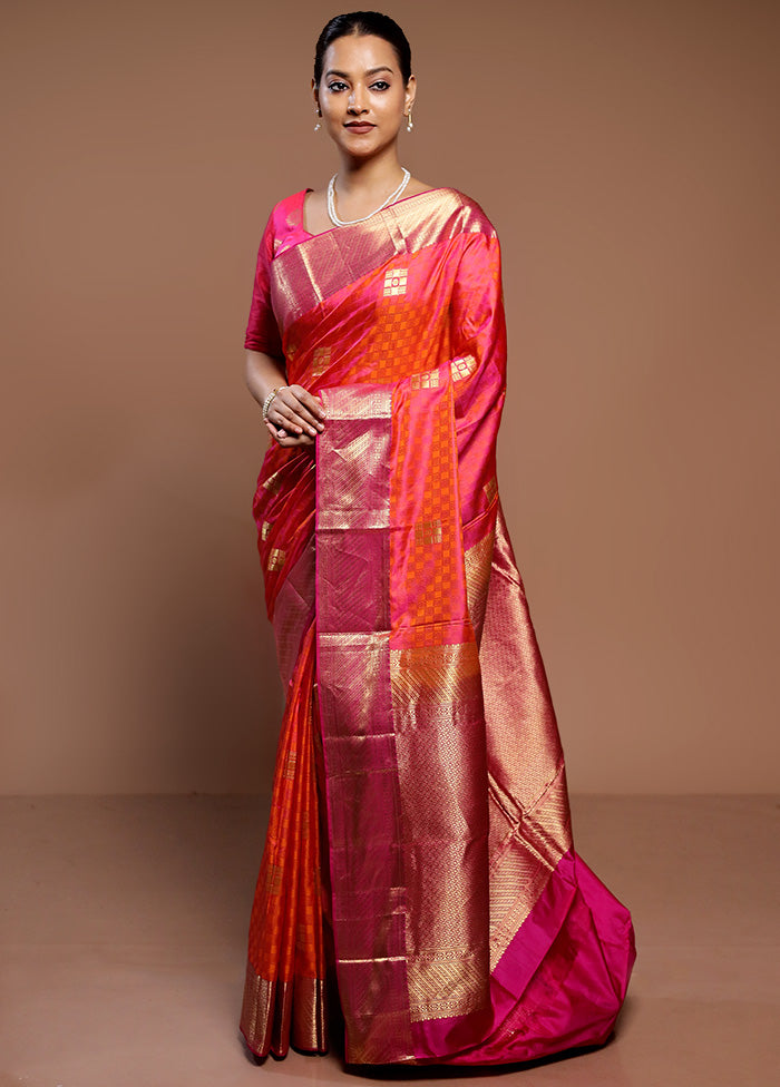 Orange Handloom Kanchipuram Pure Silk Saree With Blouse Piece