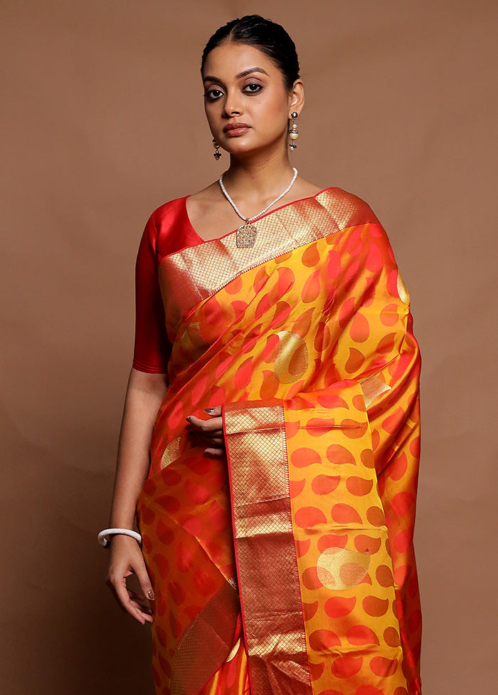 Yellow Handloom Kanchipuram Pure Silk Saree With Blouse Piece