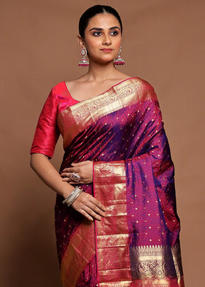 Purple Handloom Kanchipuram Pure Silk Saree With Blouse Piece