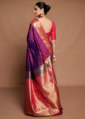 Purple Handloom Kanchipuram Pure Silk Saree With Blouse Piece