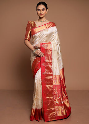 Cream Handloom Kanchipuram Pure Silk Saree With Blouse Piece