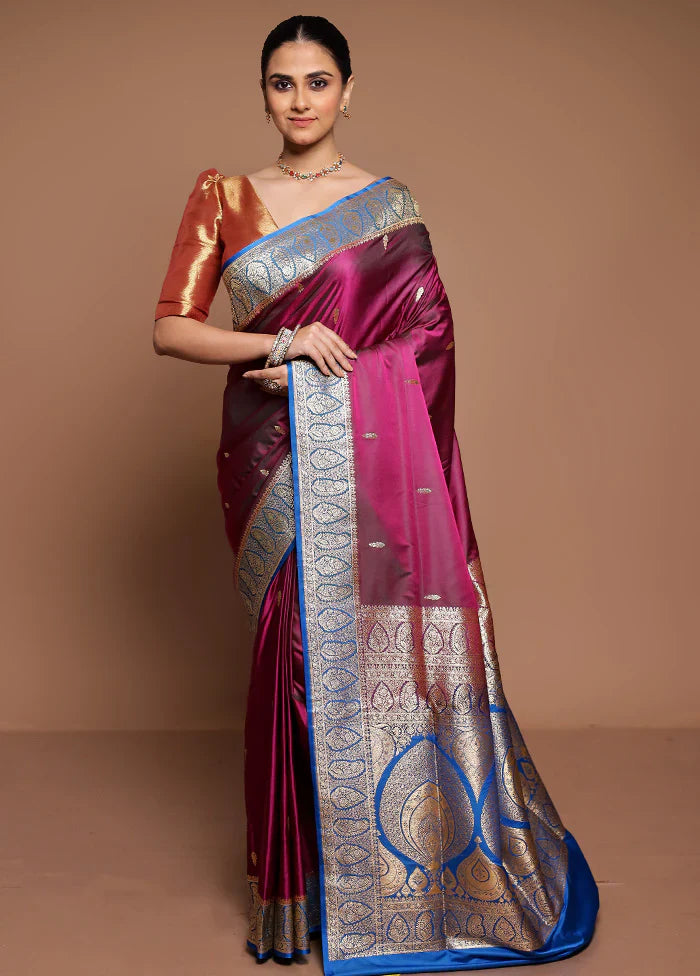 Purple Banarasi Saree & Golden Necklace Combo