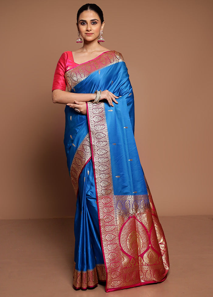 Blue Banarasi Silk Saree With Blouse Piece