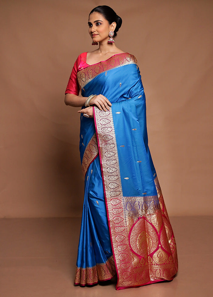 Blue Banarasi Silk Saree With Blouse Piece