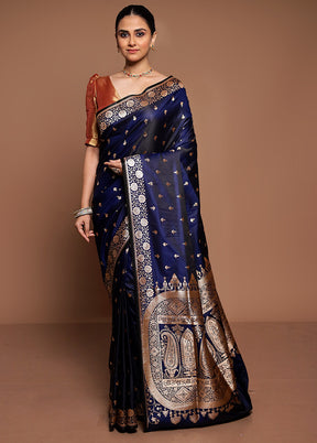 Blue Banarasi Silk Saree With Blouse Piece