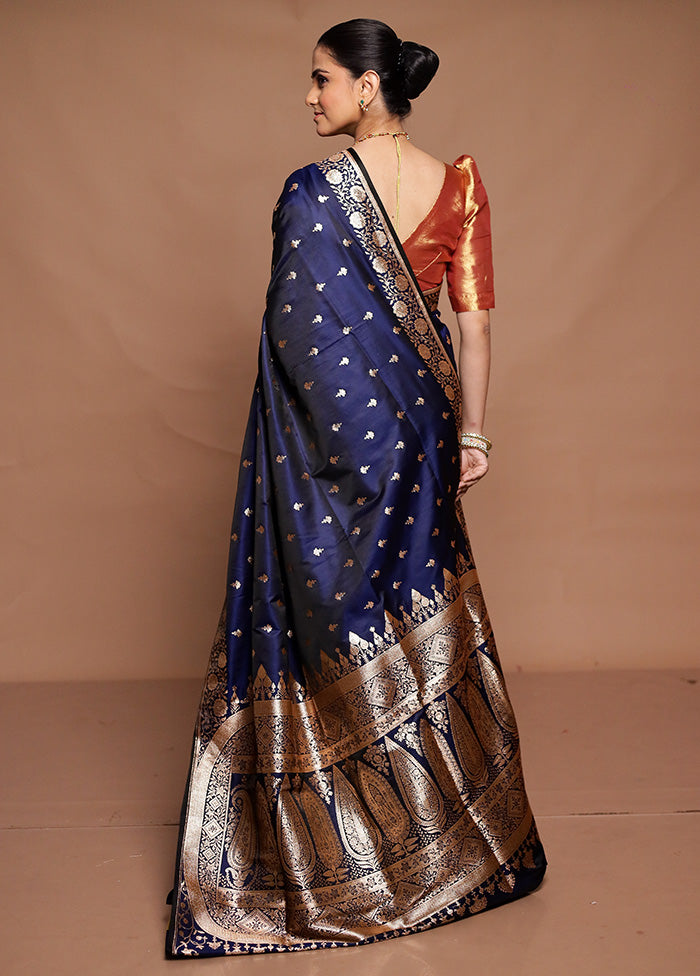 Blue Banarasi Silk Saree With Blouse Piece