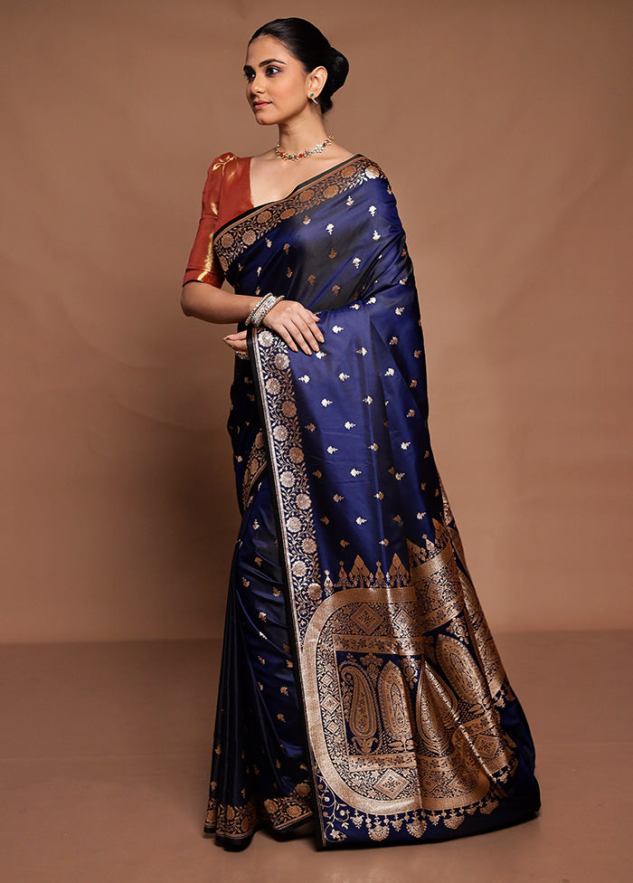 Blue Banarasi Silk Saree With Blouse Piece