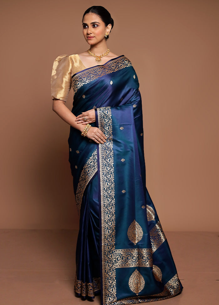 Blue Handloom Banarasi Pure Silk Saree With Blouse Piece