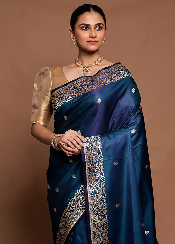 Blue Handloom Banarasi Pure Silk Saree With Blouse Piece