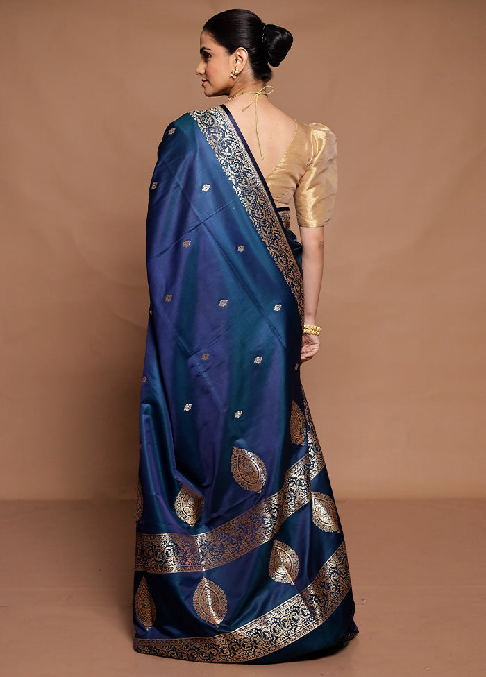 Blue Handloom Banarasi Pure Silk Saree With Blouse Piece