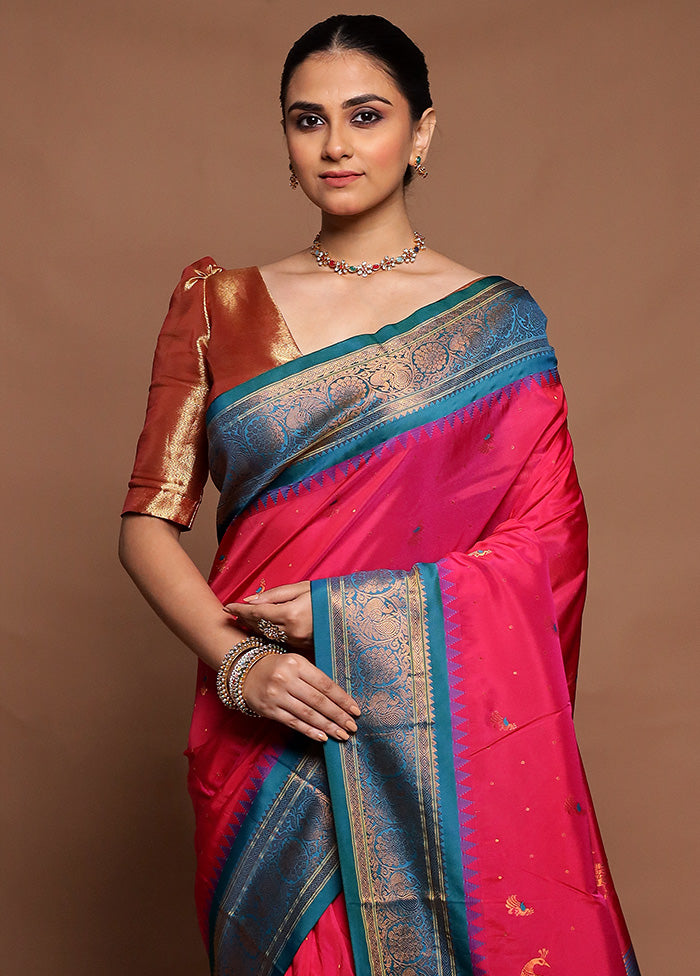 Pink Kanjivaram Silk Saree With Blouse Piece