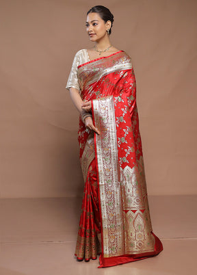 Red Banarasi Silk Saree With Blouse Piece