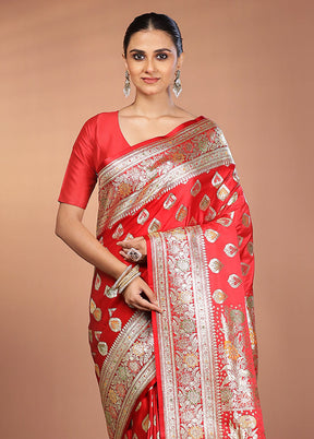 Red Banarasi Silk Saree With Blouse Piece