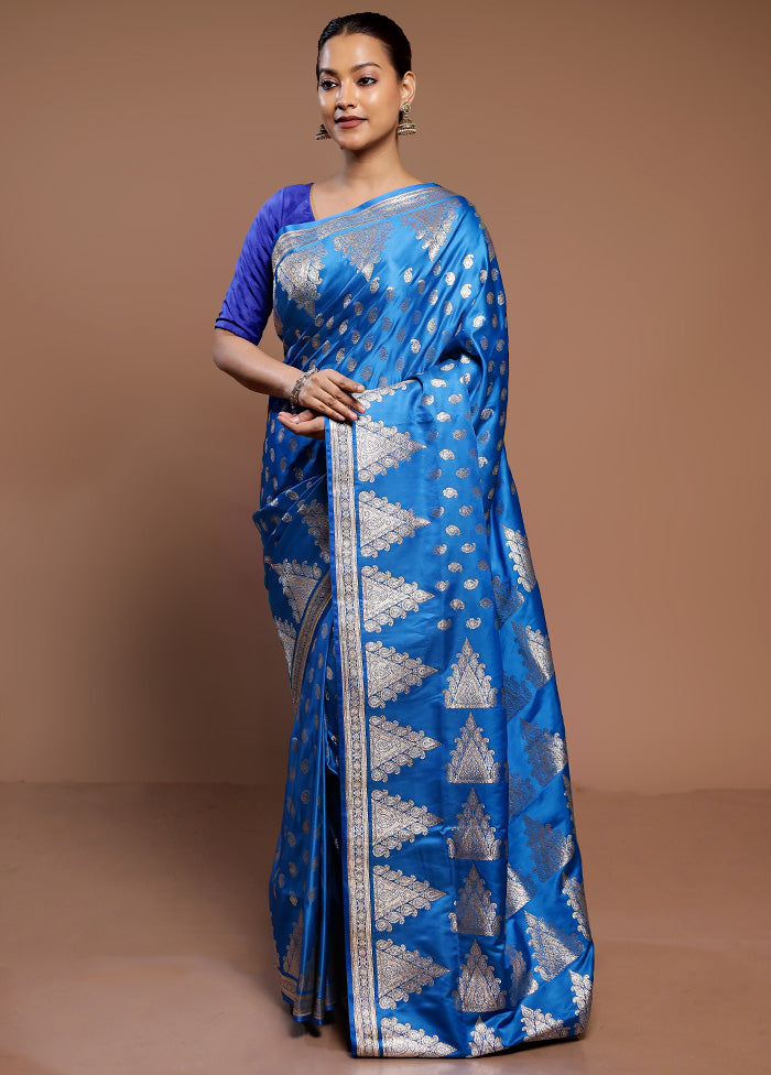 Blue Banarasi Silk Saree With Blouse Piece