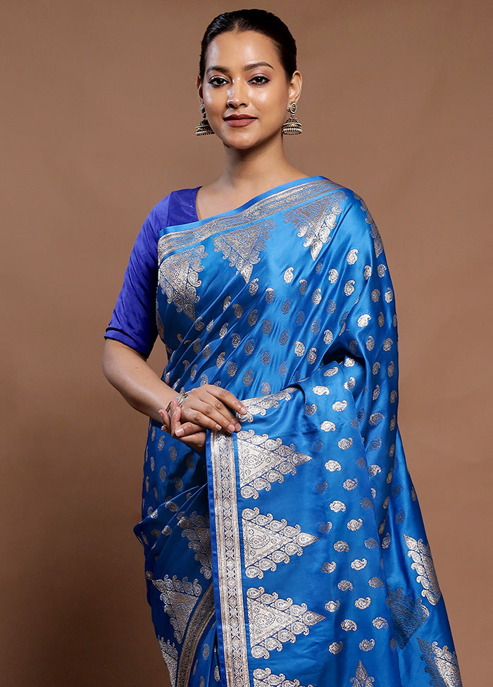 Blue Banarasi Silk Saree With Blouse Piece