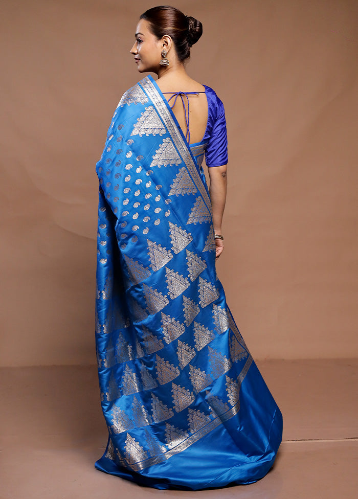 Blue Banarasi Silk Saree With Blouse Piece