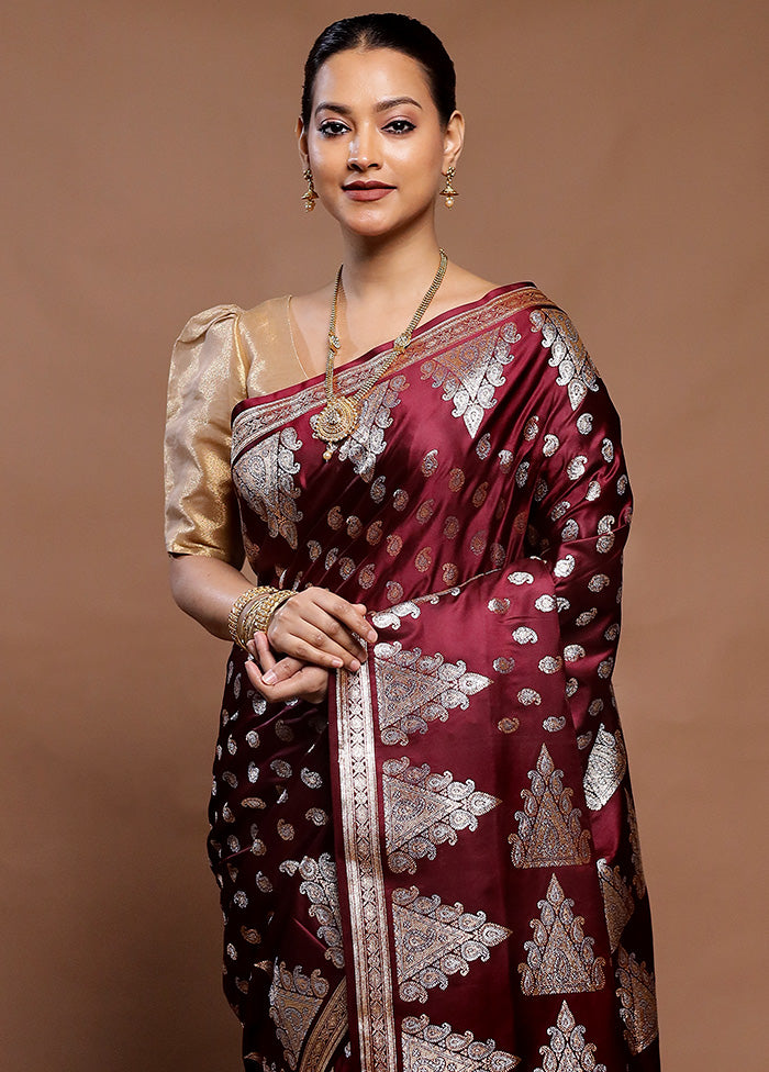 Maroon Banarasi Silk Saree With Blouse Piece