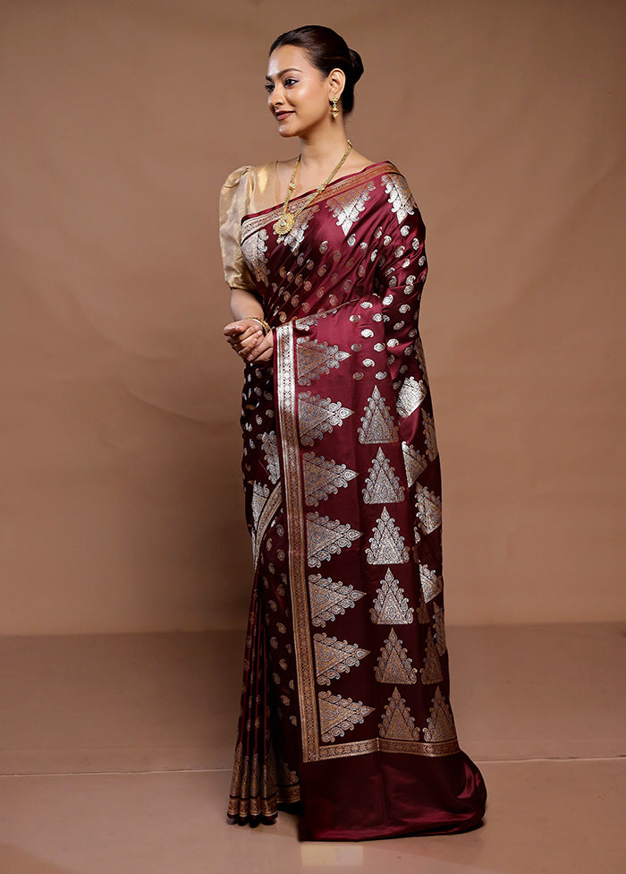 Maroon Banarasi Silk Saree With Blouse Piece