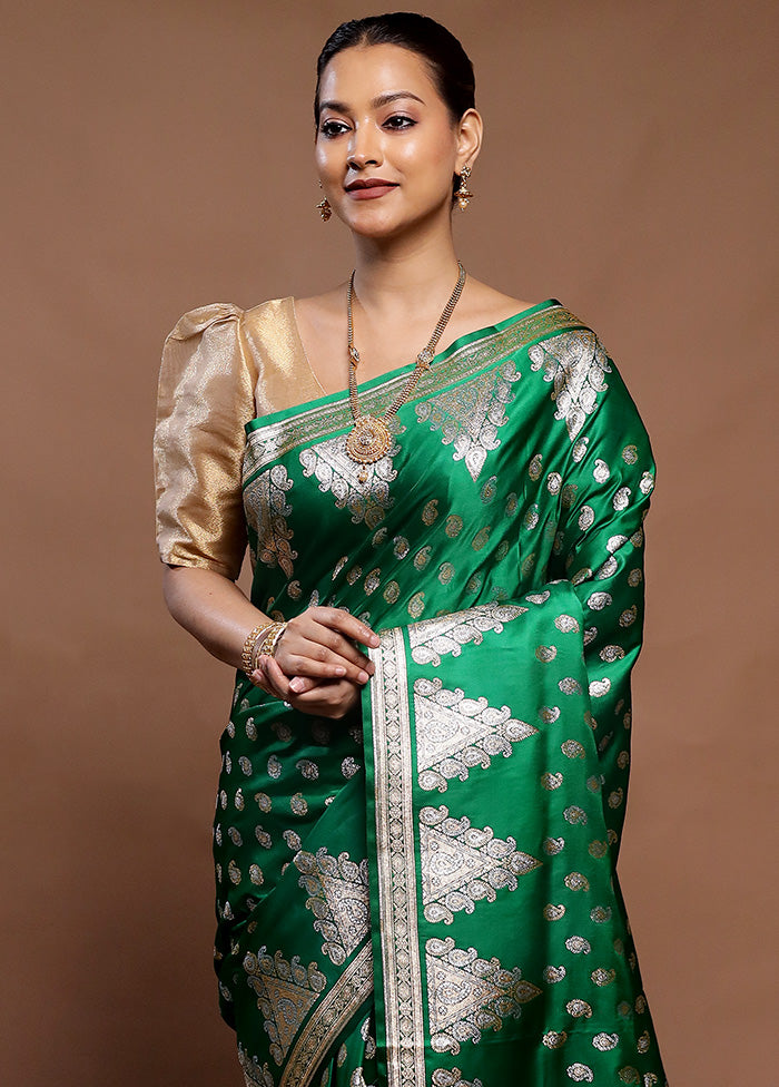 Green Banarasi Silk Saree With Blouse Piece