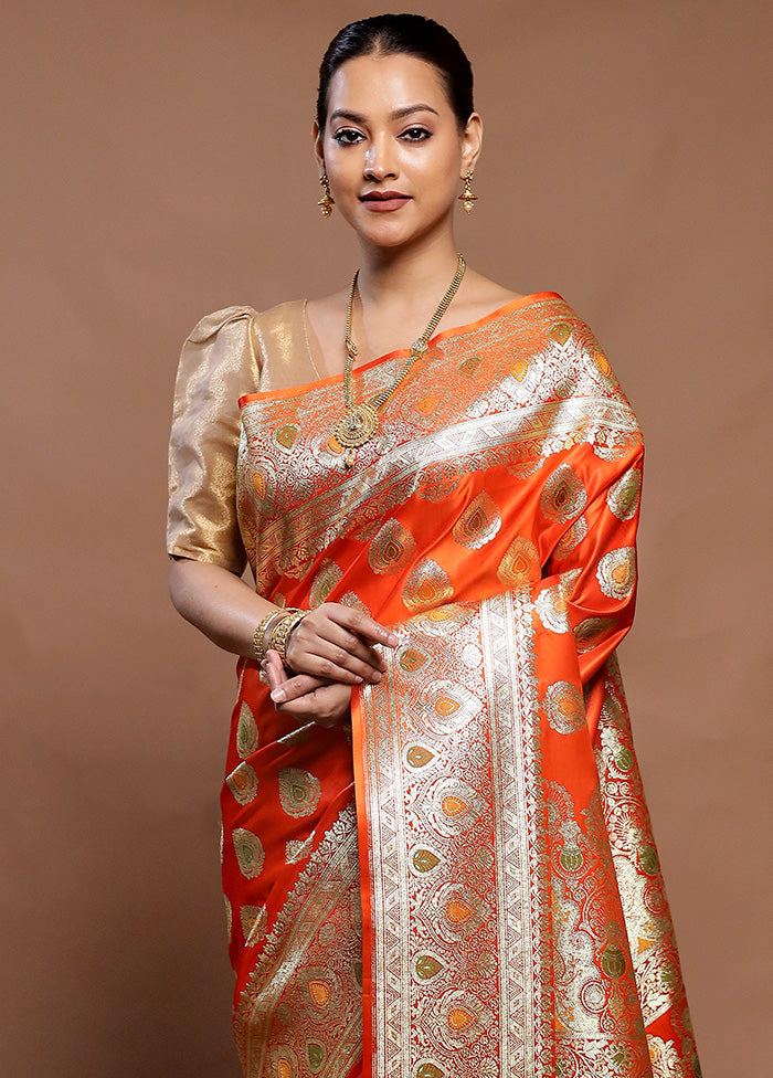 Orange Banarasi Silk Saree With Blouse Piece