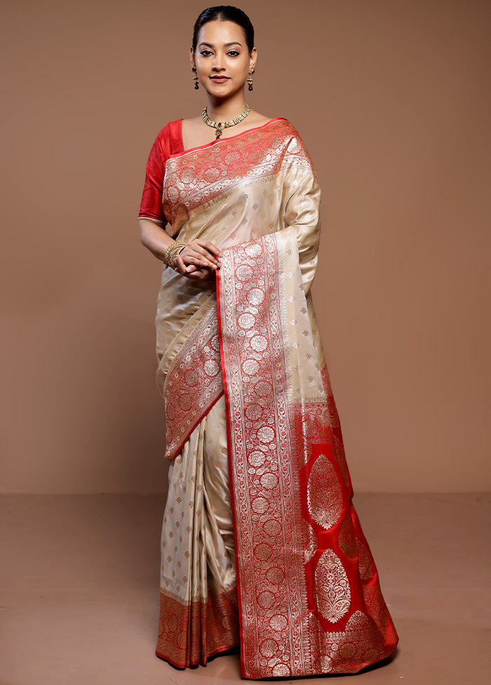 Cream Katan Silk Saree With Blouse Piece