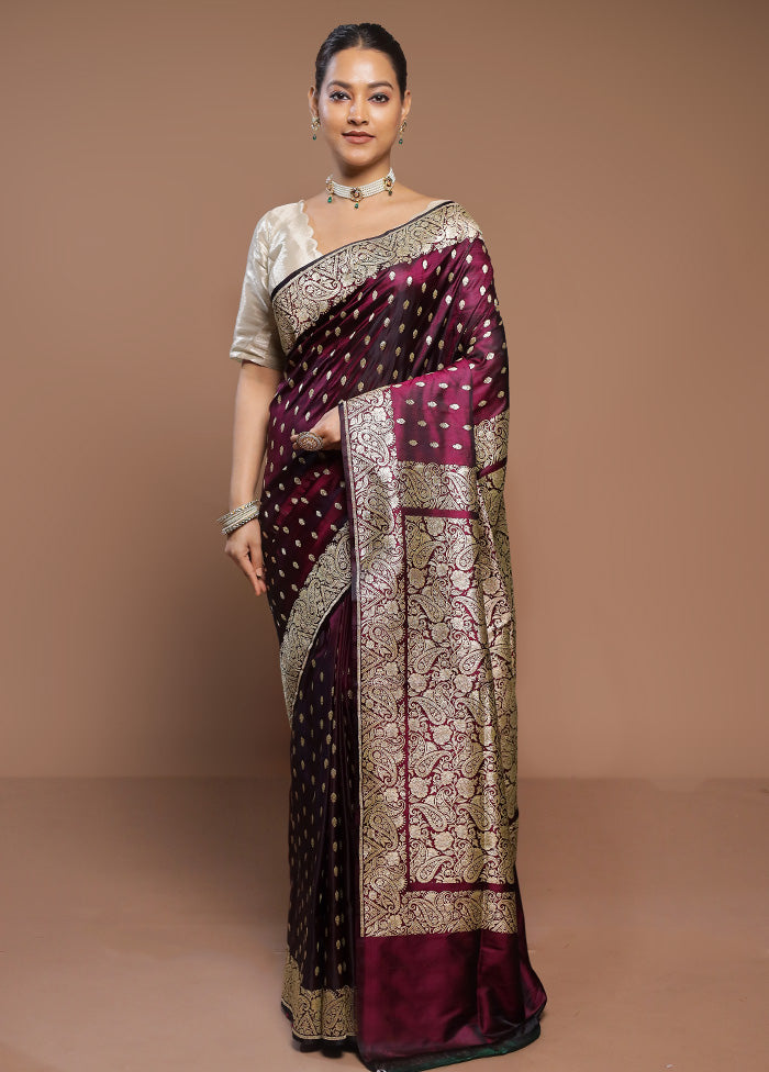 Wine  Handloom Banarasi Pure Silk Saree With Blouse Piece