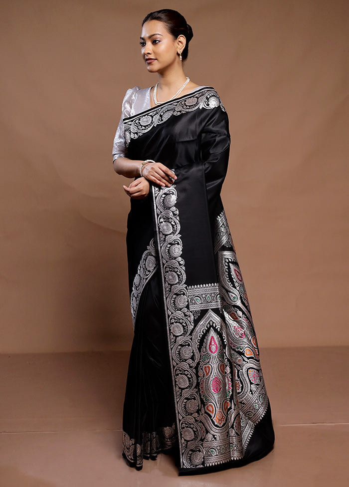 Black Handloom Banarasi Pure Silk Saree With Blouse Piece