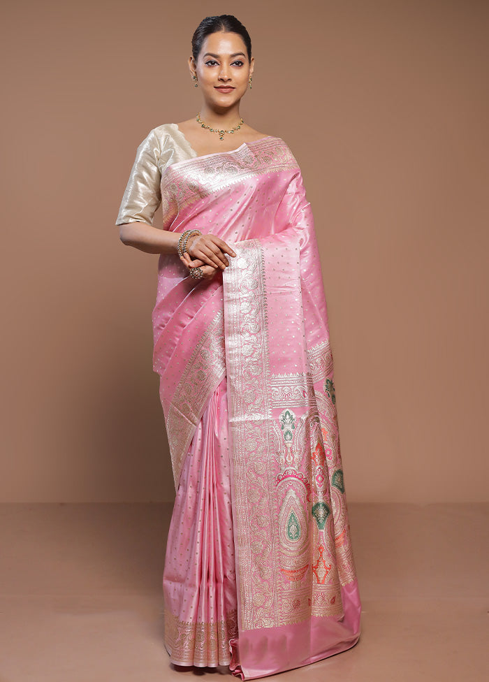 Pink Handloom Banarasi Pure Silk Saree With Blouse Piece