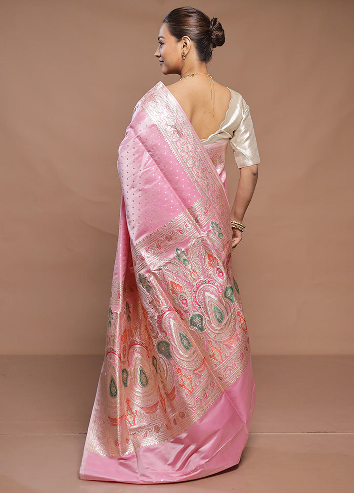 Pink Handloom Banarasi Pure Silk Saree With Blouse Piece