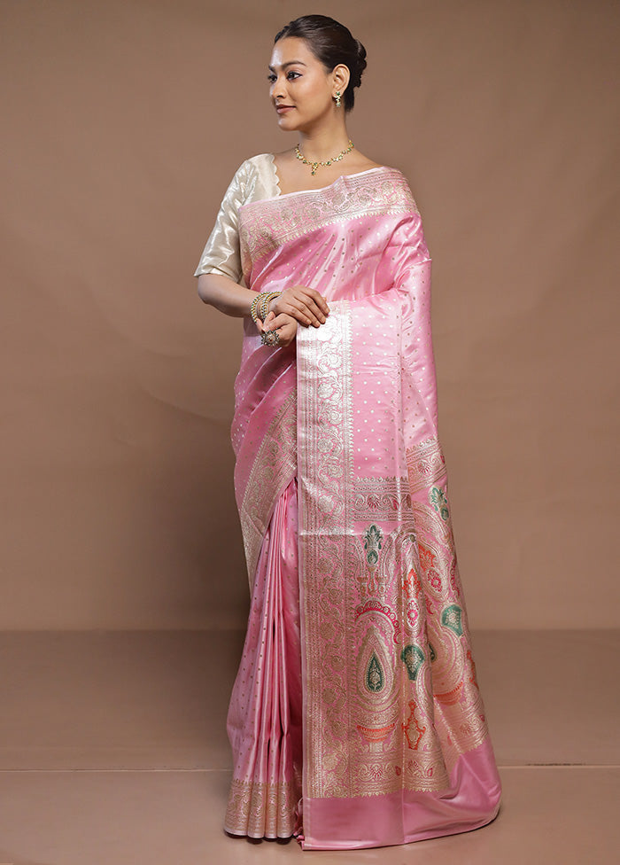 Pink Handloom Banarasi Pure Silk Saree With Blouse Piece