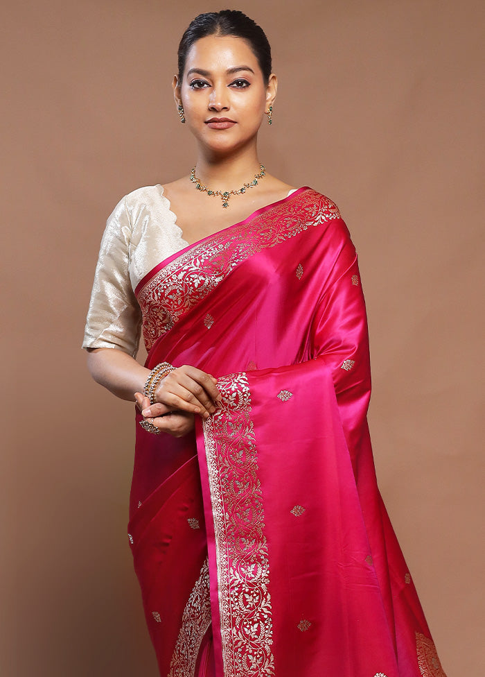 Pink Handloom Banarasi Pure Silk Saree With Blouse Piece