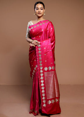 Pink Handloom Banarasi Pure Silk Saree With Blouse Piece