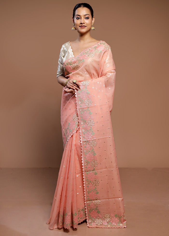 Peach Pure Kota Cotton Saree With Blouse Piece