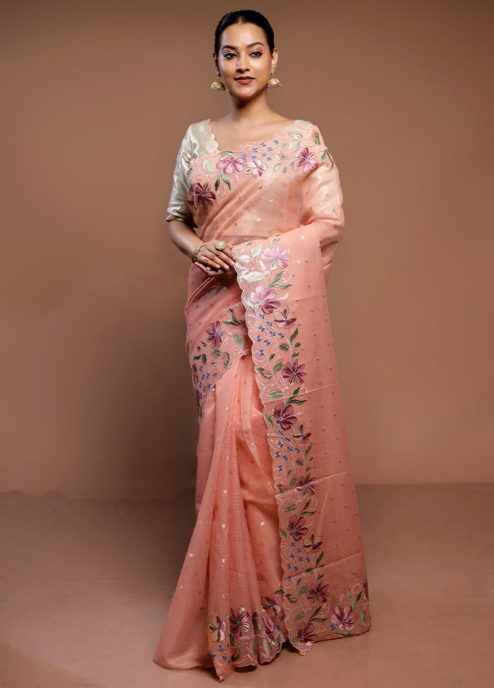 Peach Pure Kota Cotton Saree With Blouse Piece