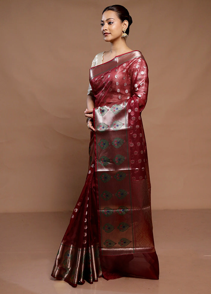 Maroon Organza Saree With Blouse Piece