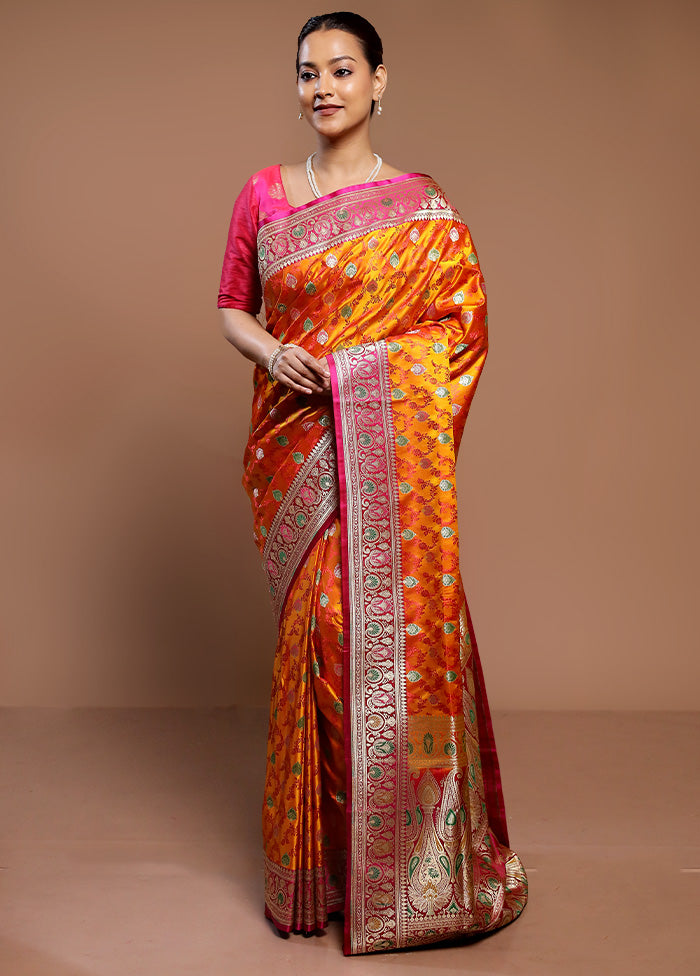 Orange Handloom Tanchoi Pure Silk Saree With Blouse Piece