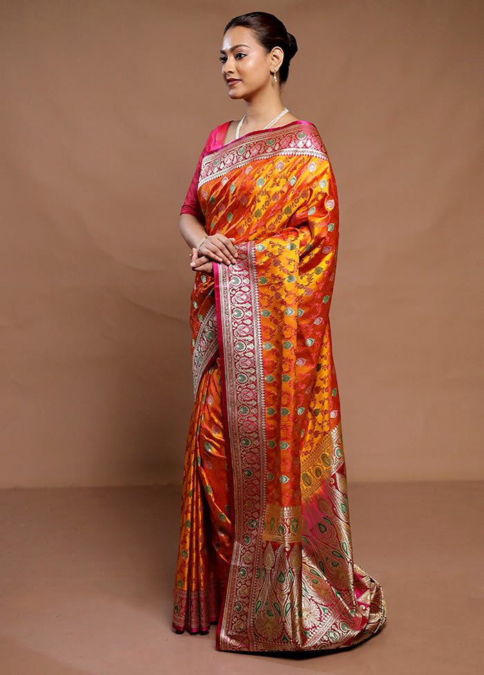 Orange Handloom Tanchoi Pure Silk Saree With Blouse Piece