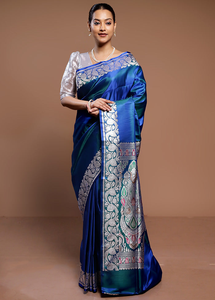 Blue Handloom Banarasi Pure Silk Saree With Blouse Piece