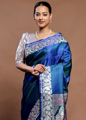 Blue Handloom Banarasi Pure Silk Saree With Blouse Piece