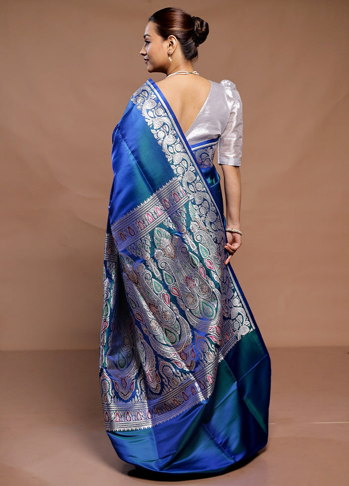 Blue Handloom Banarasi Pure Silk Saree With Blouse Piece