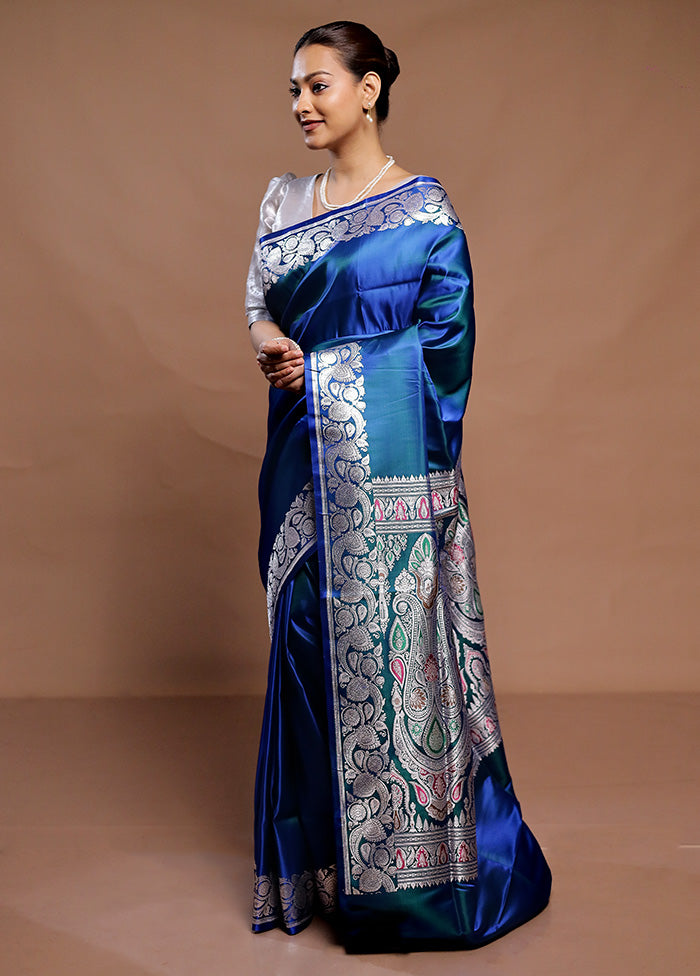 Blue Handloom Banarasi Pure Silk Saree With Blouse Piece