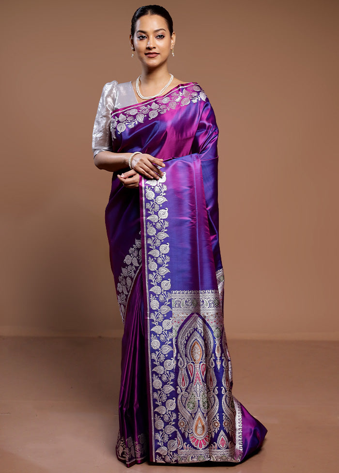 Purple Handloom Banarasi Pure Silk Saree With Blouse Piece