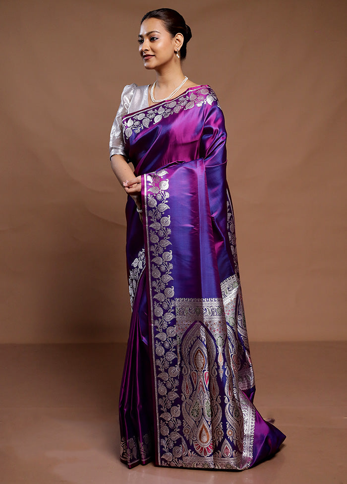 Purple Handloom Banarasi Pure Silk Saree With Blouse Piece