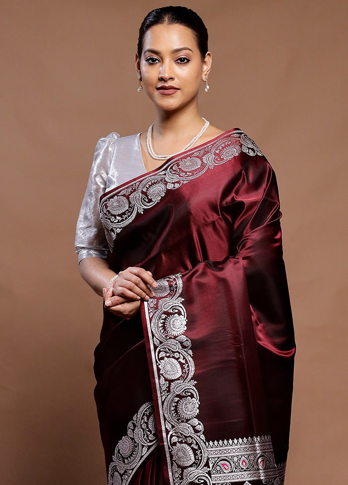 Maroon Handloom Banarasi Pure Silk Saree With Blouse Piece